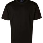 A plain black T-shirt on a white background. It has short sleeves and a round neckline.