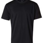 A plain black short-sleeve t-shirt displayed on a white background. The t-shirt has a round neckline and simple design, highlighting its casual style.