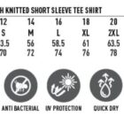 A sizing chart for a unisex Cooldry mesh knitted short sleeve t-shirt, showing ladies sizes from 8/10 to 26/28 and easy fit from XS to 7XL, with half chest and body length measurements. Icons depict various fabric features.