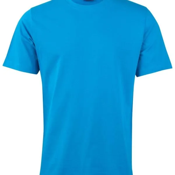 Plain blue short-sleeve crewneck t-shirt on a white background.