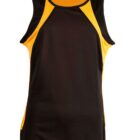 Sleeveless black sports tank top with yellow side and shoulder panels.