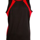 Sleeveless black athletic tank top with red side and shoulder panels, front view.