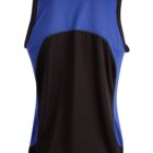 Sleeveless athletic shirt, black in the center with blue side and top panels, seen from the back.