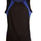 Sleeveless black athletic tank top with blue side and shoulder panels.