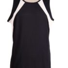 Sleeveless black shirt with white side panels and black trim around the neckline and arms.