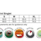 Size chart for mens singlet with features like UV protection, quick dry, and easy care icons.