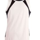 White sleeveless athletic tank top with black side and shoulder panels, on a plain background.