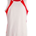 White sleeveless athletic shirt with red side panels and neckline accents.