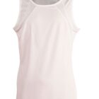 Sleeveless white athletic tank top with mesh shoulder panels, displayed on a plain background.