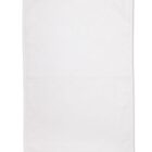 A plain, white rectangular towel is laid flat on a light background. The towel has a simple, clean design with subtle stitching around the edges.