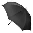 A large black umbrella with a simple handle is open against a white background, displaying its canopy fully extended.