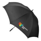 A black umbrella with a colorful logo and the text Destination NSW printed on one panel. The umbrella has a curved handle and is open against a plain white background.