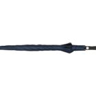 A closed navy blue umbrella with a black curved handle, lying horizontally against a white background.