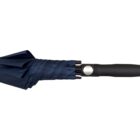 A closed black umbrella with a compact design, featuring a black handle and a silver button for opening. The fabric is neatly folded around the rib structure, revealing a sleek, modern appearance.