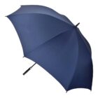A fully open navy blue umbrella with a black handle, viewed from a slight side angle against a white background.