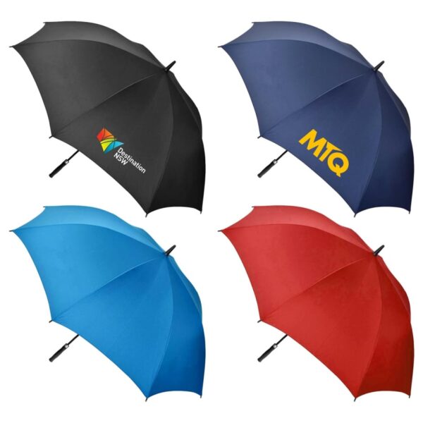 Four umbrellas arranged in a grid. The top row has a black umbrella with a colorful logo and a navy blue umbrella with MTQ in yellow. The bottom row features a plain blue umbrella and a plain red umbrella, all with black handles.