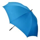 A large blue umbrella with a black handle fully opened against a white background.