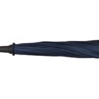 A closed black umbrella with a wrapped canopy and a cylindrical handle, positioned horizontally on a white background.