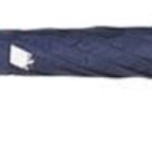 A closed navy blue umbrella with a wooden curved handle.