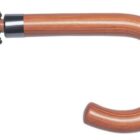 Close-up of a wooden umbrella handle with a curved design. The handle has a smooth, polished look, contrasting with the black fabric of the umbrella.