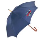A navy blue umbrella with a wooden handle. The umbrella features a Petco Park logo on one panel.