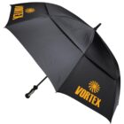 A black umbrella with VORTEX and a spiral logo in orange. The umbrella is open, showcasing its curved handle and large canopy.