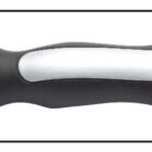 Close-up of a black umbrella handle with a silver accent. The folded umbrella canopy is partially visible.
