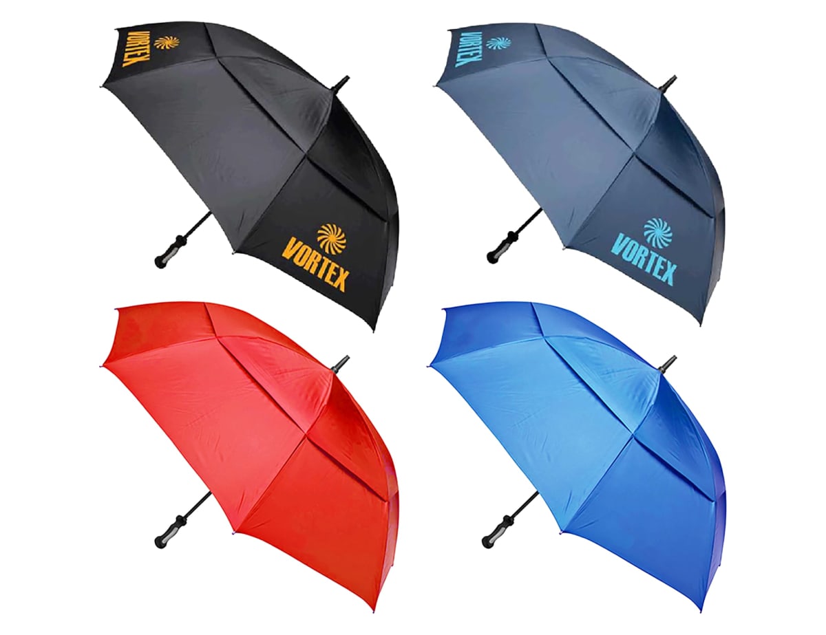 Four open umbrellas are displayed against a white background. The umbrellas are black, blue, red, and light blue. The black and blue umbrellas have VORTEX written on them along with a spiral logo. Each umbrella has a black handle.