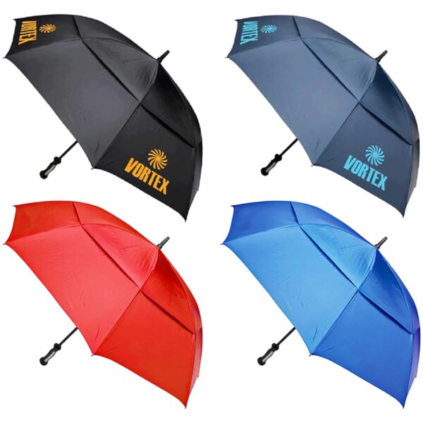 Four umbrellas are arranged in a grid pattern against a white background. The umbrellas are black, gray, red, and blue, each featuring the text Vortex with a spiral logo. Their handles are visible at the bottom of each umbrella.