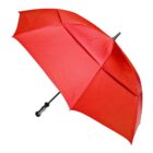 A red umbrella with an extended handle is open against a white background.