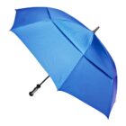 A large blue umbrella with a curved black handle, opened and positioned at a slight angle against a plain white background.