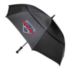 A large black umbrella with a curved handle is displayed against a white background. The umbrella features a colorful logo reading PECO along with a design resembling a badge or emblem.