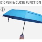 Diagram showing the automatic open and close function of an umbrella in three steps: 1) Closed umbrella held vertically, 2) Open umbrella, 3) Partially closed umbrella. Arrows indicate button actions to open and close the umbrella.