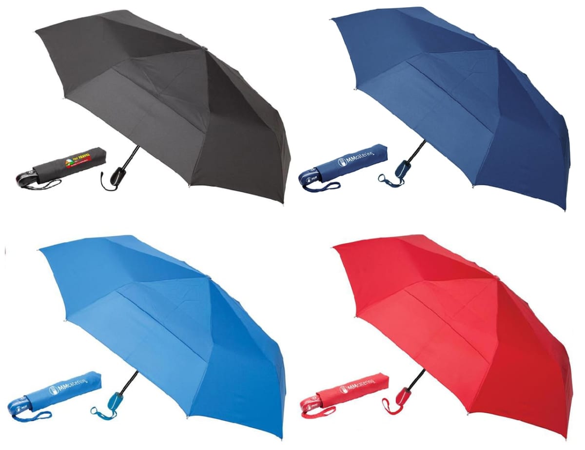 Four umbrellas are displayed, each with a matching carrying sleeve. The umbrellas are black, navy blue, light blue, and red. Each sleeve has a wrist strap and is positioned below the corresponding umbrella.
