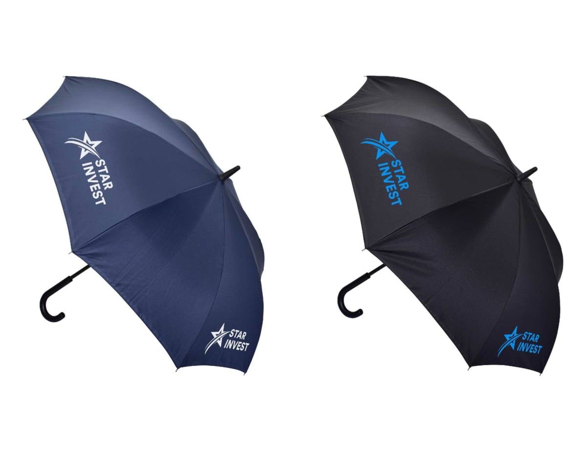 Two umbrellas with Star Invest logos, one navy blue and the other black, are displayed against a white background. Both have curved black handles.