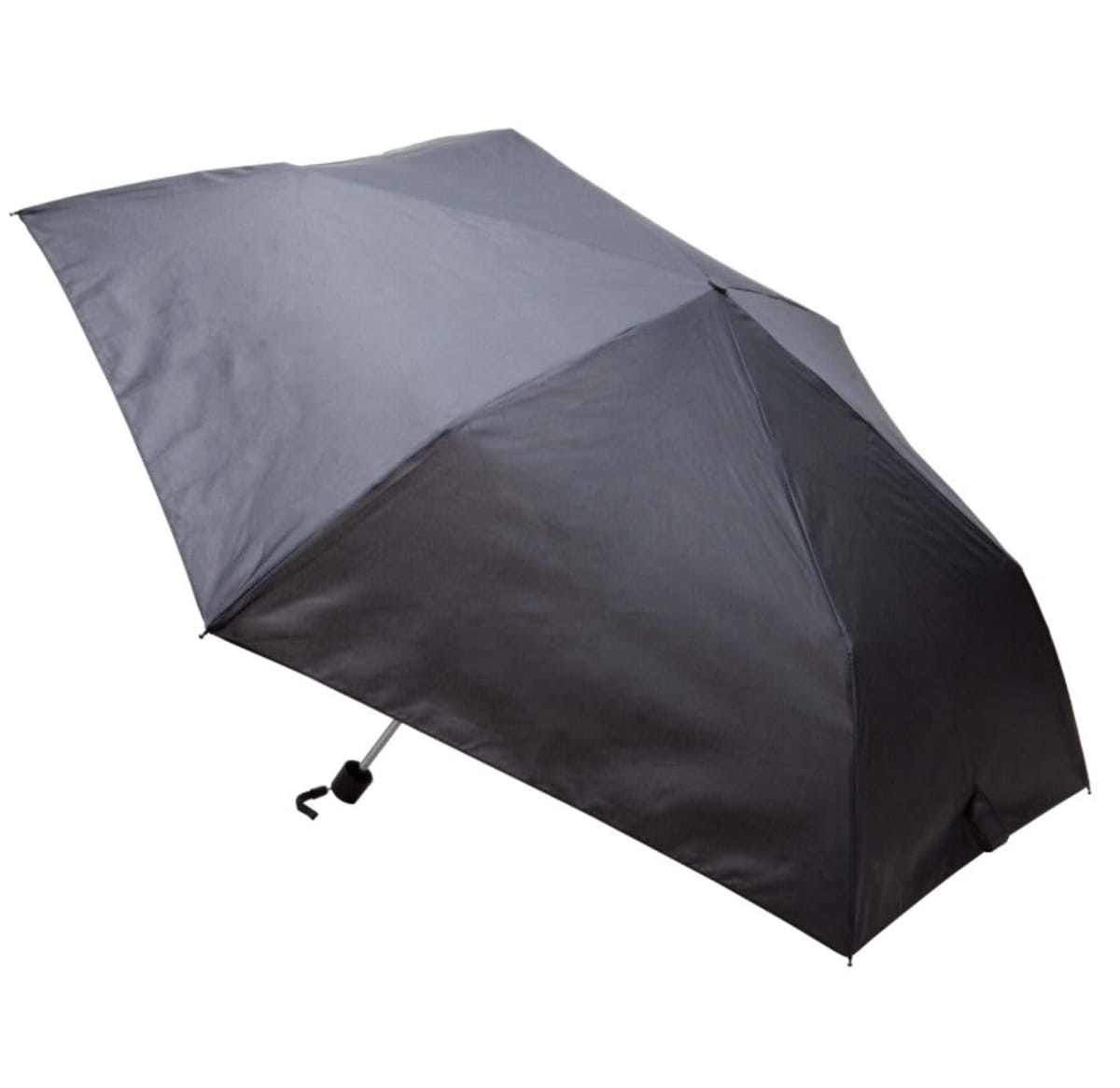 A black, compact umbrella with a slightly curved handle is open against a plain white background. The umbrella features a simple design with no visible logos or patterns, showing its sleek and practical appearance.
