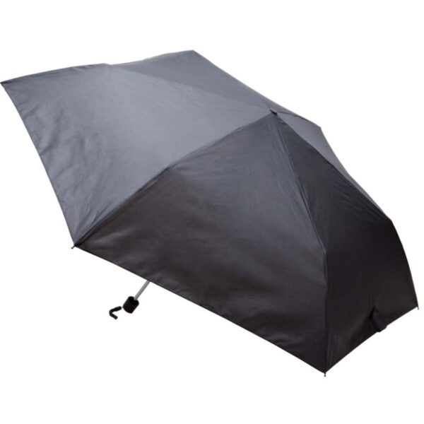 A black, compact umbrella open against a white background. The umbrella has a simple design with a curved plastic handle and is slightly tilted to reveal its underside.