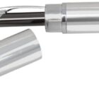 A silver pen with its cap removed. The pen and cap are both metallic and cylindrical in shape. The cap is placed beside the pen.