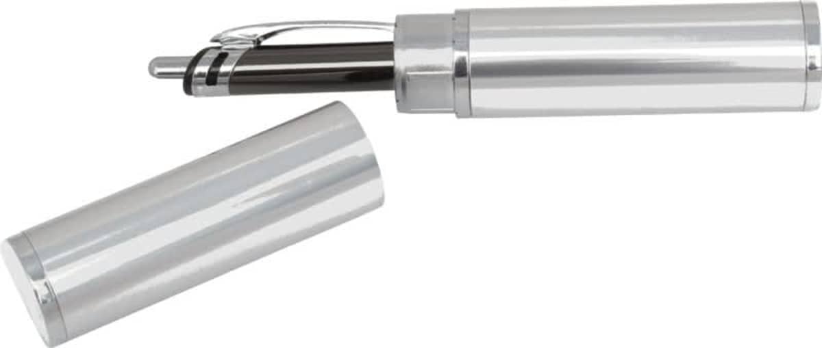A silver pen with its cap removed. The pen and cap are both metallic and cylindrical in shape. The cap is placed beside the pen.