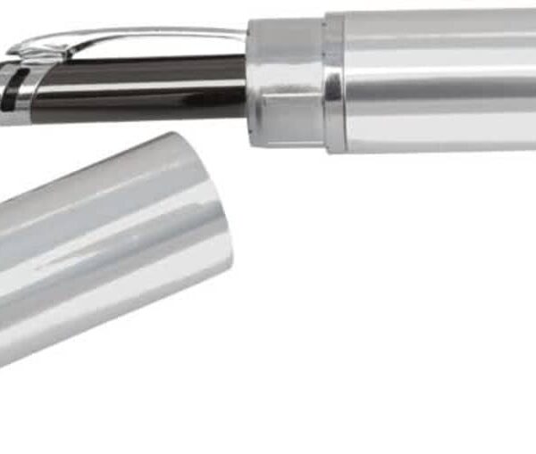 A metallic pen with a shiny silver finish is shown with its cap removed and placed beside it. The pen is sleek and reflective.