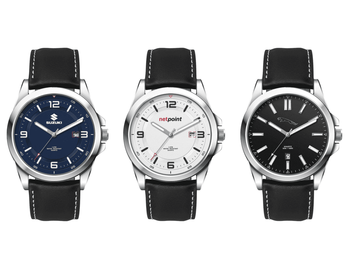 Three wristwatches with black leather straps are displayed. From left to right: a blue-dialed watch with numeric markers, a white-dialed watch with red and black markers, and a black-dialed watch with minimal markers and a small logo.
