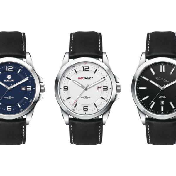 Three wristwatches with black leather straps are shown. The left watch has a blue dial, the middle one has a white dial with netpoint text, and the right one has a black dial. All have silver cases and numeric markers.
