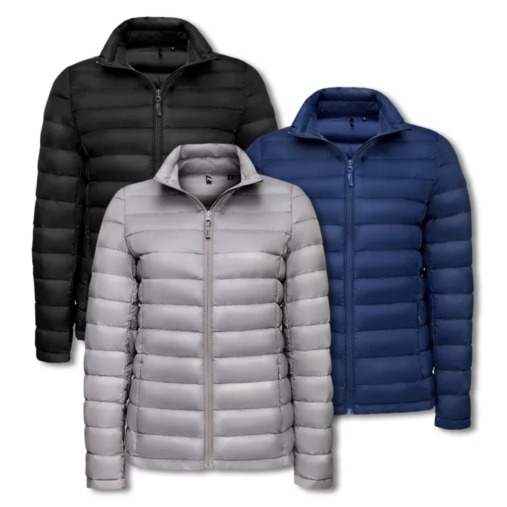 three winter jackets in black, grey and dark blue