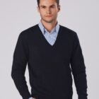 A person wearing a black V-neck sweater over a blue collared shirt stands against a plain background. The sweater and shirt combination is formal and stylish.