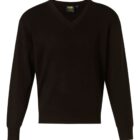 A black V-neck sweater with long sleeves and a ribbed hem. The sweater appears simple and classic in design.