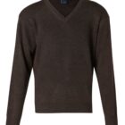 A brown V-neck sweater with long sleeves made of a soft knit fabric, displayed on a plain white background.