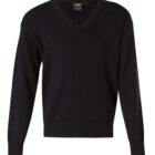 Black v-neck sweater with long sleeves and ribbed cuffs, displayed against a white background. The sweater has a tag on the inside of the neckline.