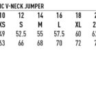 Size chart for a unisex wool/acrylic V-neck jumper. Includes sizes 8-30 with XS-7XL modern fit. Shows half chest measurements (49-75 cm) and body length (63-78 cm). Features icons for moisture wicking and UV protection.