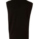 A black sleeveless sweater is shown on a plain white background, viewed from the back. The sweater has a simple, classic design with ribbed edges at the collar, armholes, and hem.