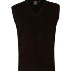 A black V-neck sleeveless sweater is displayed against a white background. The fabric appears soft and the design is simple, suitable for layering or wearing alone.